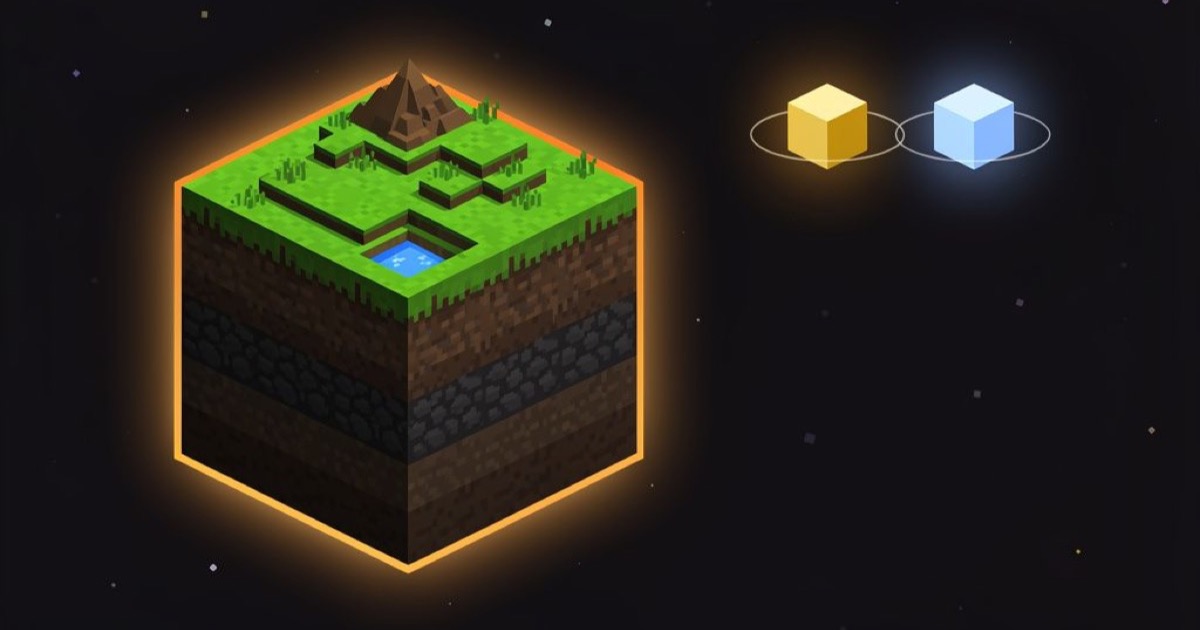 A cube planet with grass, dirt and stone layers, orbited by a pair of cube suns.